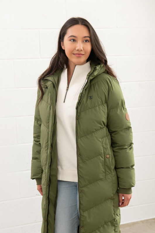 An image of the Lighthouse Savannah Ladies Long Coat in Olive.