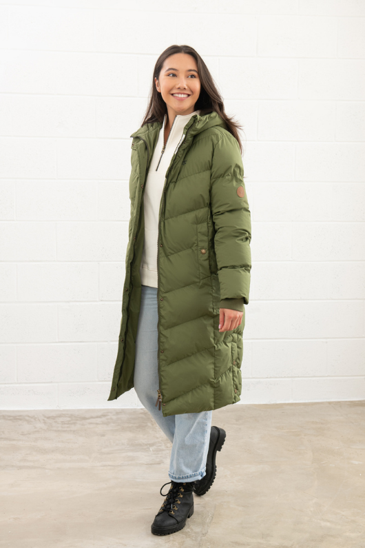 An image of the Lighthouse Savannah Ladies Long Coat in Olive.