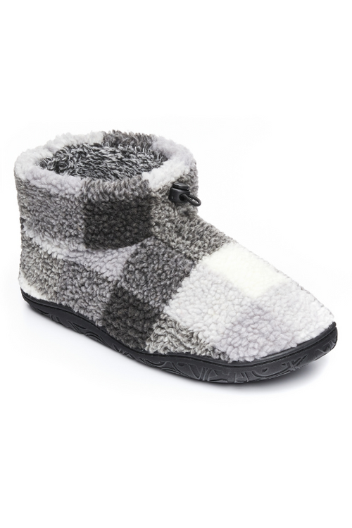 An image of the Bedroom Athletics Neeson Shorter Length Check Sherpa Slipper Boots in Grey Check.