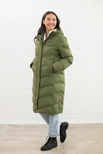 An image of the Lighthouse Savannah Ladies Long Coat in Olive.