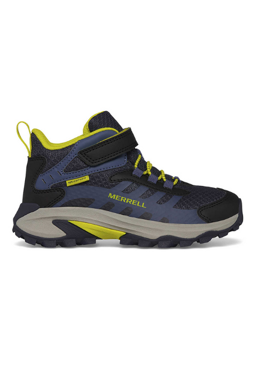 An image of the Merrel Big Kid's Moab Speed 2 Mid A/C Waterproof shoes in Navy/Hi Vis.