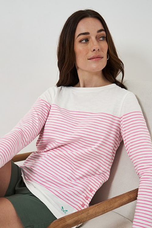 An image of the Crew Clothing Cassandra Stripe Top in White/Pink.