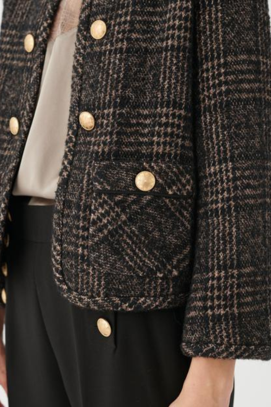 An image of the Dea Kudibal Nelladea Jacket With Deco Buttons in Cafe Au Lait Check.