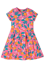 Frugi Summer Skater Dress. A short sleeve dress with round neckline, full skirt, and all over pink orange blossom print.