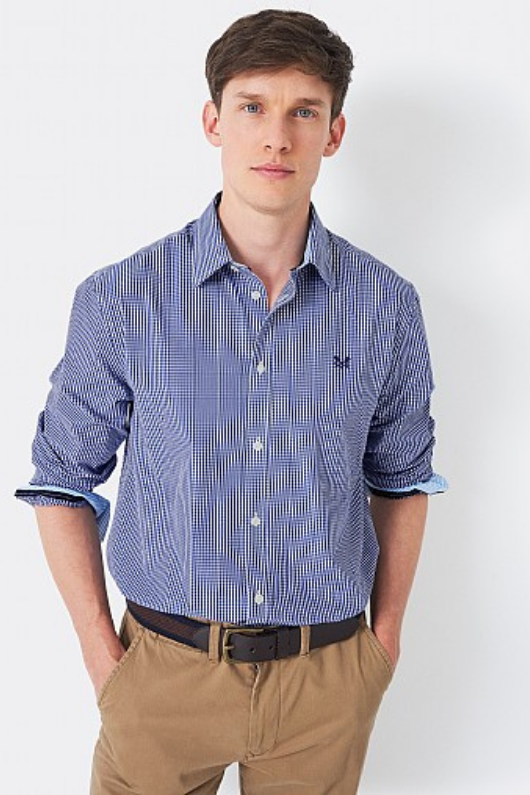 An image of the Crew Clothing Classic Micro Gingham Shirt in Ultramarine Blue.