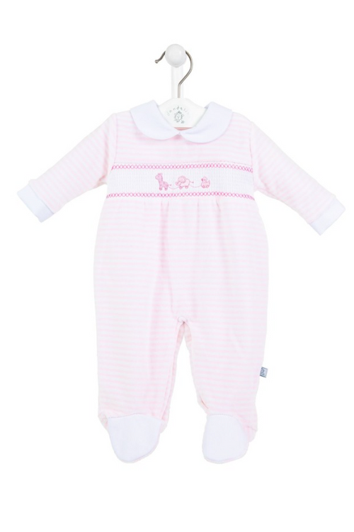 An image of the Dandelion Pull Along Toys Smock Velour Sleepsuit in Pink.