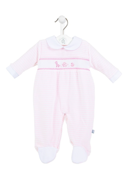 An image of the Dandelion Pull Along Toys Smock Velour Sleepsuit in Pink.