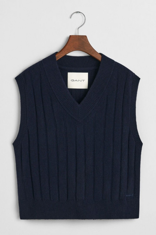 An image of the Gant Wide Ribbed Wool V-Neck Vest in Evening Blue.