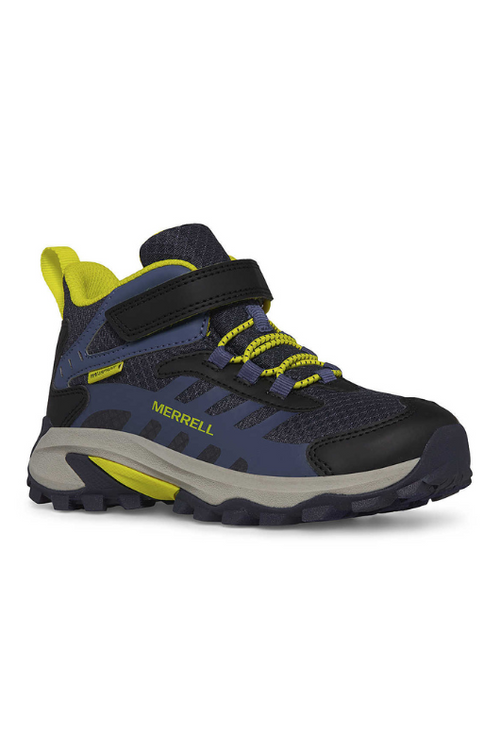 An image of the Merrel Big Kid's Moab Speed 2 Mid A/C Waterproof shoes in Navy/Hi Vis.