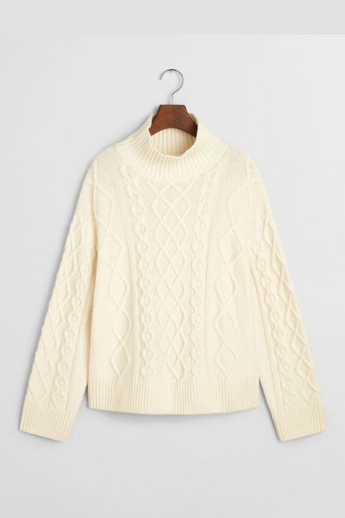 An image of the Gant Cable Knit Stand Collar Jumper in Cream.