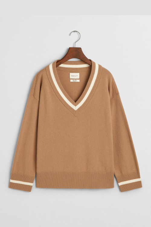 An image of the Gant Superfine Lambswool Contrast V-Neck Jumper in Caramel Beige.