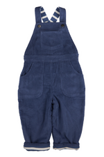 An image of the Pigeon Organics Lined Dungarees in Night Blue.