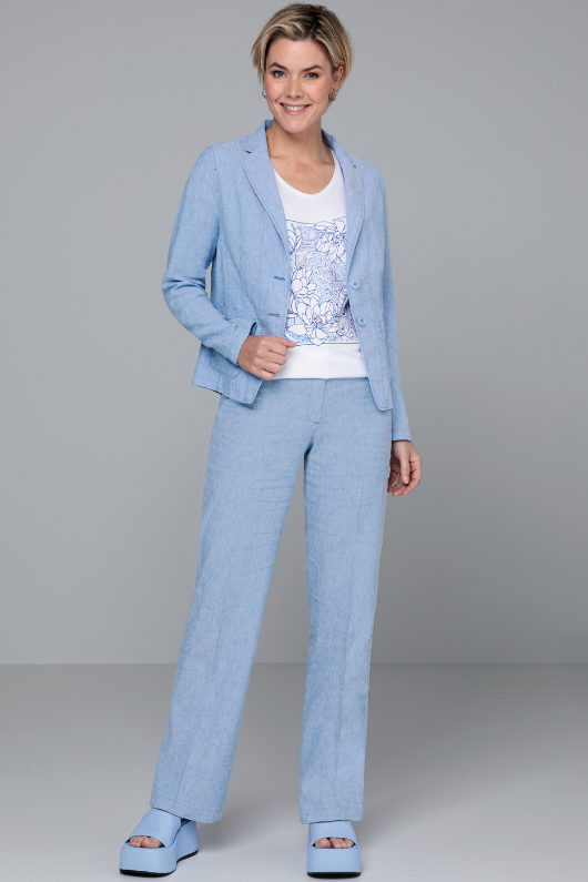 An image of a female model wearing the Bianca Parigi Trousers in the colour Blue.