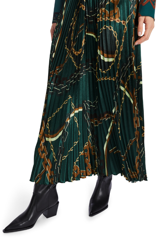 An image of the Marc Cain Pleated Skirt With Chain Print in Soft Forest.