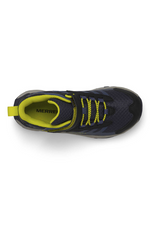 An image of the Merrel Big Kid's Moab Speed 2 Mid A/C Waterproof shoes in Navy/Hi Vis.