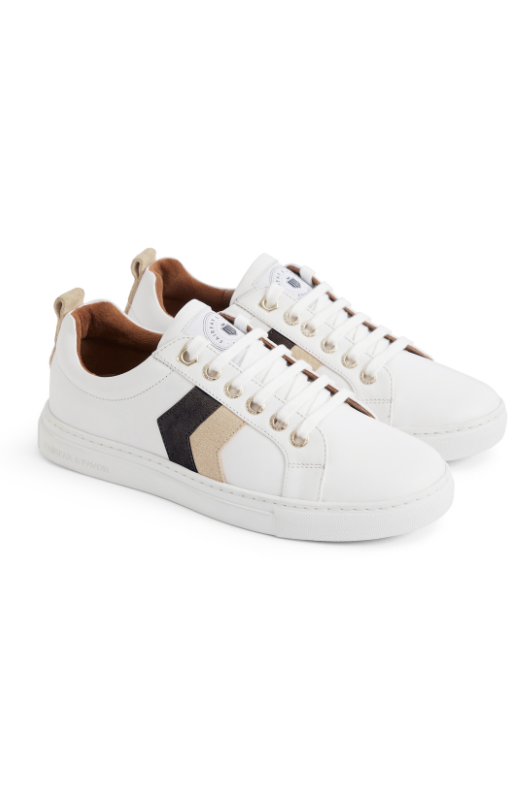 An image of the Fairfax & Favor Women's Alexandra Neutral Tri-Colour Leather Trainers.