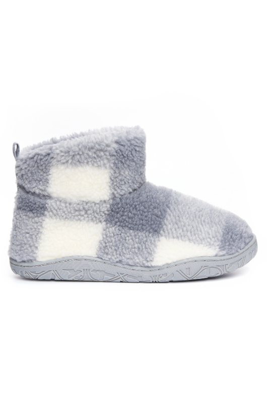 An image of the Bedroom Athletics Celeste Check Sherpa Slipper Boots in Grey Check.