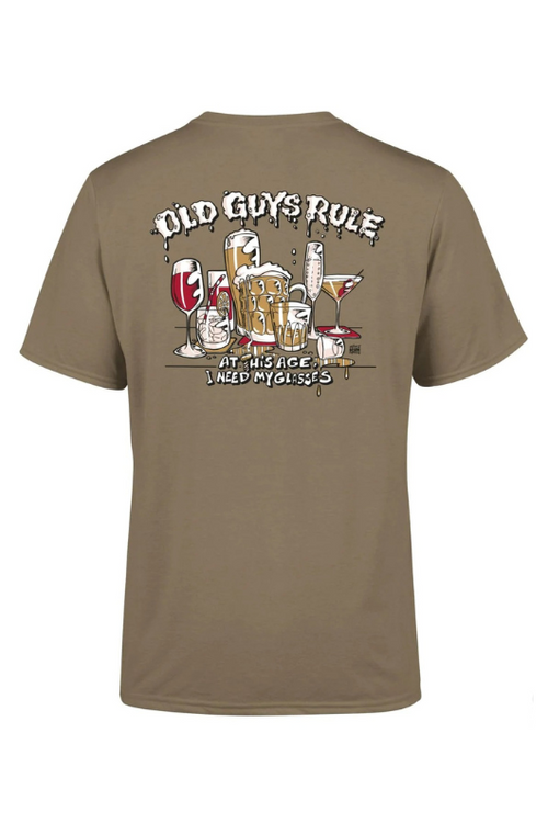 An image of the Old Guys Rule Need My Glasses T-Shirt in Tan.