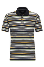 Casa Moda Striped Polo. A casual fit polo with short sleeves, collar, button placket, and yellow multicoloured striped pattern.