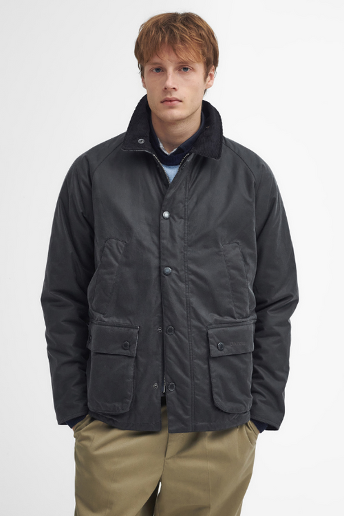 An image of the Barbour Ambleside Waxed Jacket in Black/Blue.