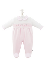 An image of the Dandelion Bunny & Flower Smocked Sleepsuit in Pink.