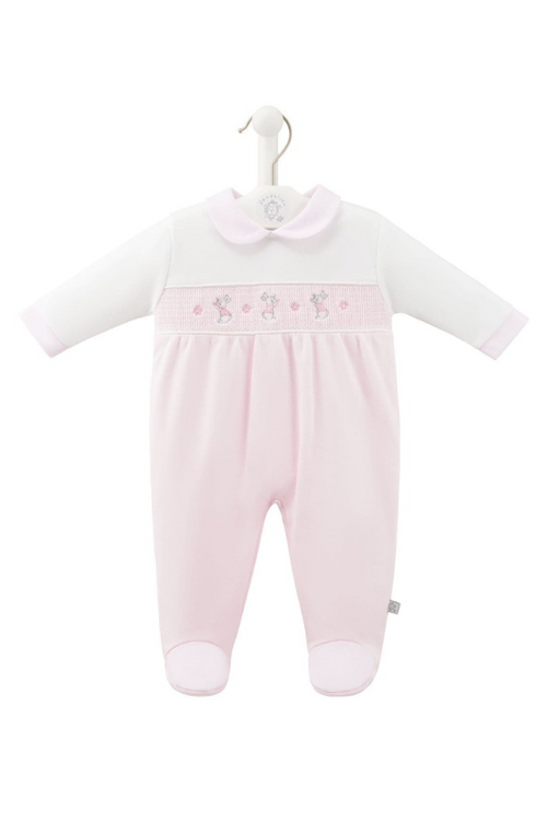 An image of the Dandelion Bunny & Flower Smocked Sleepsuit in Pink.