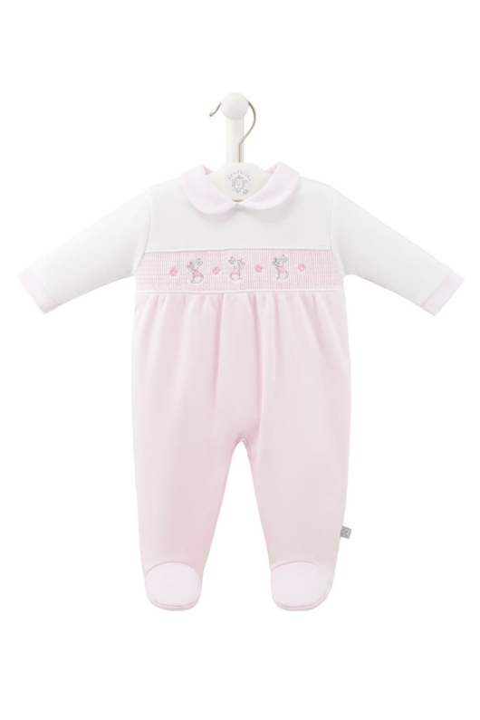 An image of the Dandelion Bunny & Flower Smocked Sleepsuit in Pink.