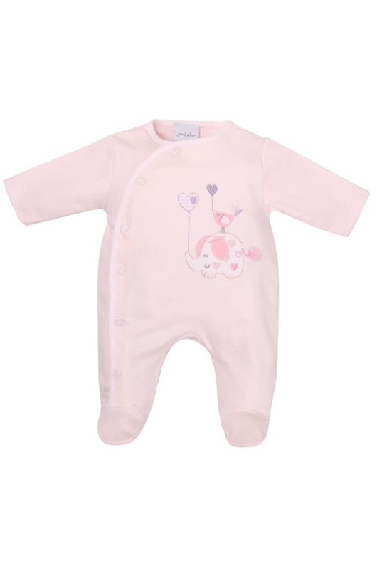 An image of the Dandelion Elephant Cotton Sleepsuit in Pink.