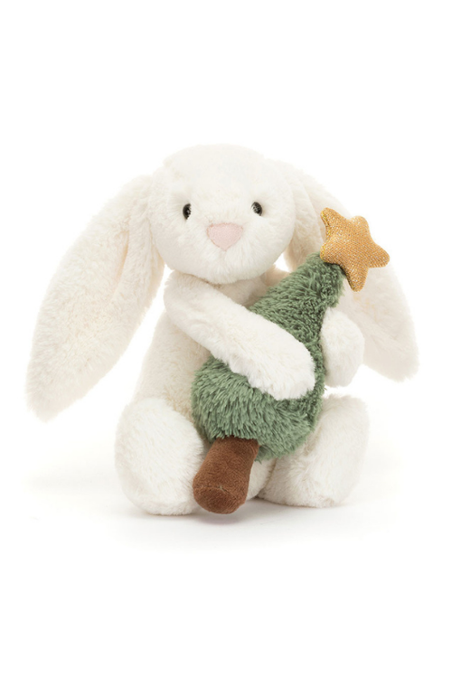 An image of the Jellycat Bashful Bunny with Christmas Tree.