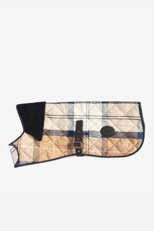 An image of the Barbour Tartan Dog Coat in the colour Primrose Hessian.