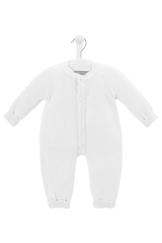 An image of the Dandelion Scallop Edge Knitted Onesie in White.