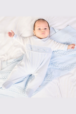 An image of the Dandelion Bunny & Star Smocked Sleepsuit in Blue.