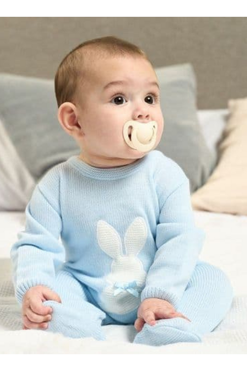 An image of the Dandelion Knitted Bunny Onesie with Satin Neck Bow in Blue.