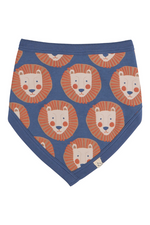 An image of the Pigeon Organics Bib in Lion Face Night Blue.