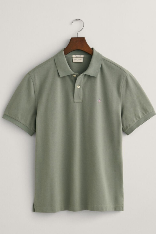 An image of the Gant Men's Regular Fit Shield Pique Polo Shirt in the colour Dry Green.