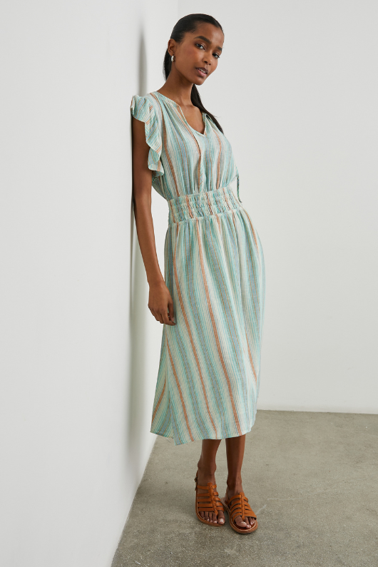An image of a female model wearing the Rails Iona Dress in the colour Seaview Stripe.