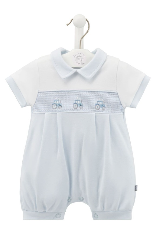 An image of the Dandelion Little Tractor Smocked Romper in Blue.