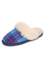 An image of the Bedroom Athletics Kate Harris Tweed Mules in Denim / Purple Check.