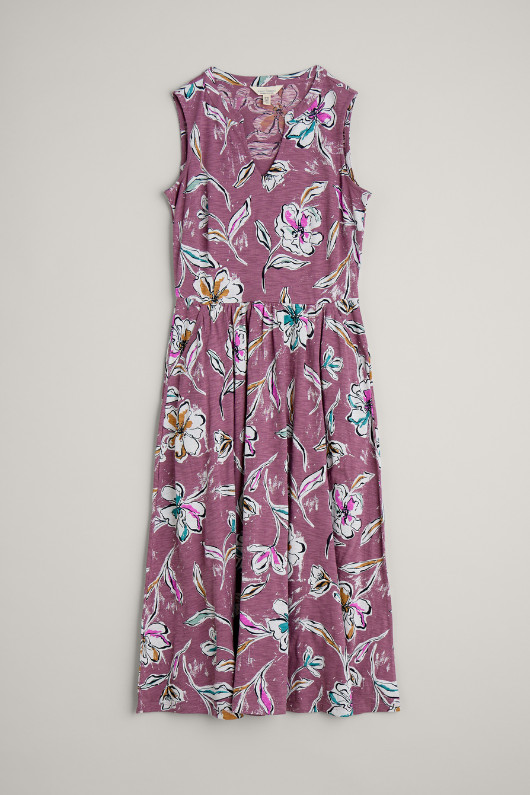 An image of the Seasalt Shelter Bay Sleeveless Jersey Midi Dress in the colour Linework Floral Heather.