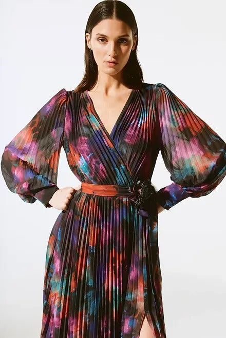 An image of the Joseph Ribkoff Pleated Midi Dress in Black/Multi.