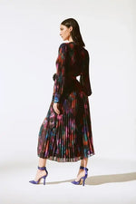 An image of the Joseph Ribkoff Pleated Midi Dress in Black/Multi.