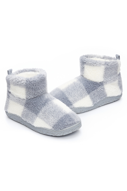 An image of the Bedroom Athletics Celeste Check Sherpa Slipper Boots in Grey Check.