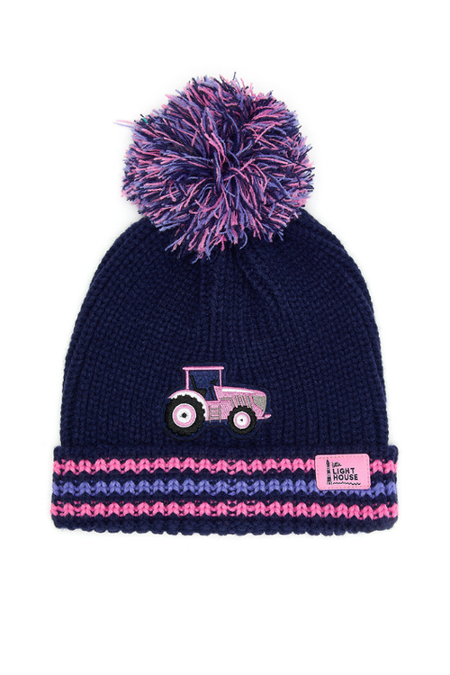 An image of the Lighthouse Bobbie Hat in Pink Tractor & Stripes.