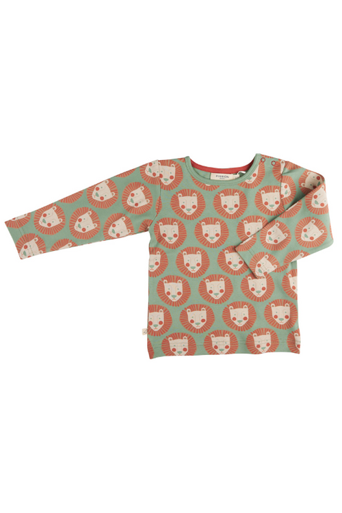 An image of the Pigeon Organic Long Sleeve T-Shirt in Lion Face Basil.