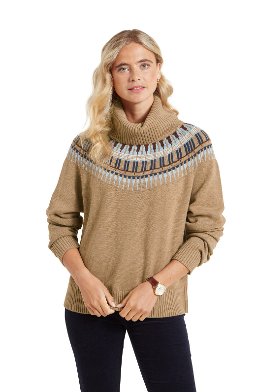 An image of the Schoffel Women's Filey Fairisle Roll Neck Jumper in Warm Sand.