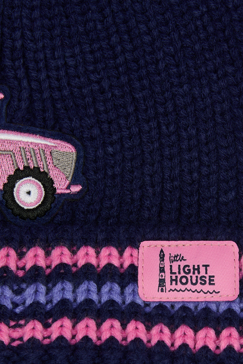 An image of the Lighthouse Bobbie Hat in Pink Tractor & Stripes.