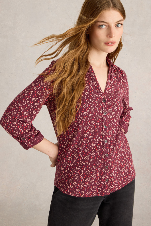 An image of the White Stuff Annie Jersey Shirt in Plum Print.