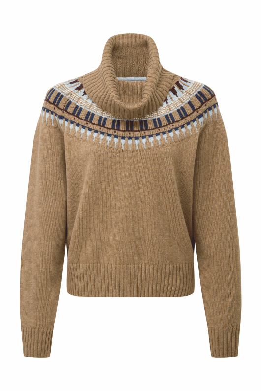 An image of the Schoffel Women's Filey Fairisle Roll Neck Jumper in Warm Sand.