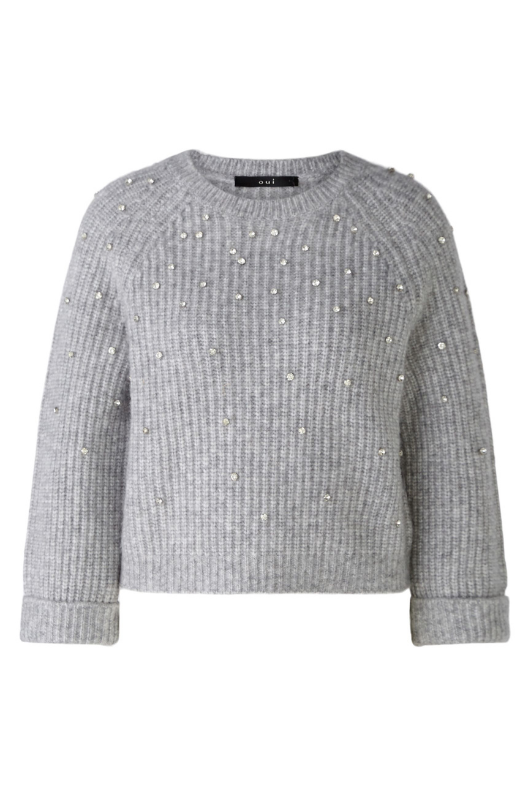 An image of the Oui Jumper With Diamante Detail in River Stone.