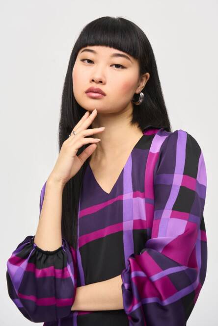 An image of the Joseph Ribkoff Plaid Top in Purple/Black.